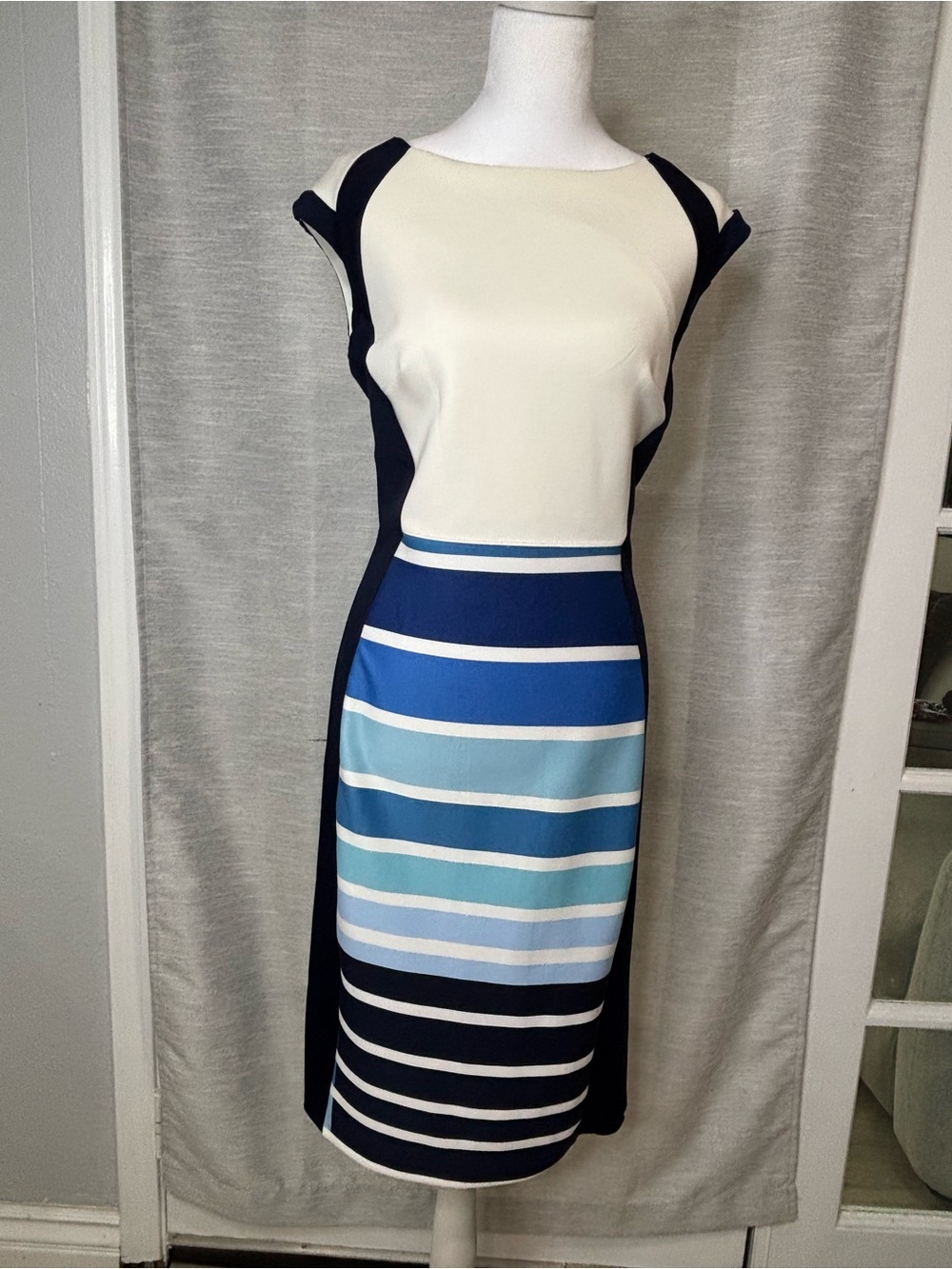 Enfocus Studio Navy, White and Blue Colorblock Midi Sheath Dress